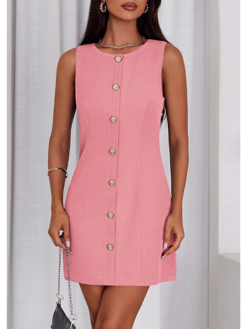 Pretty Garden Women's Peach Pink Sleeveless Button Down Elegant Mini Dress - Picture 3 of 6